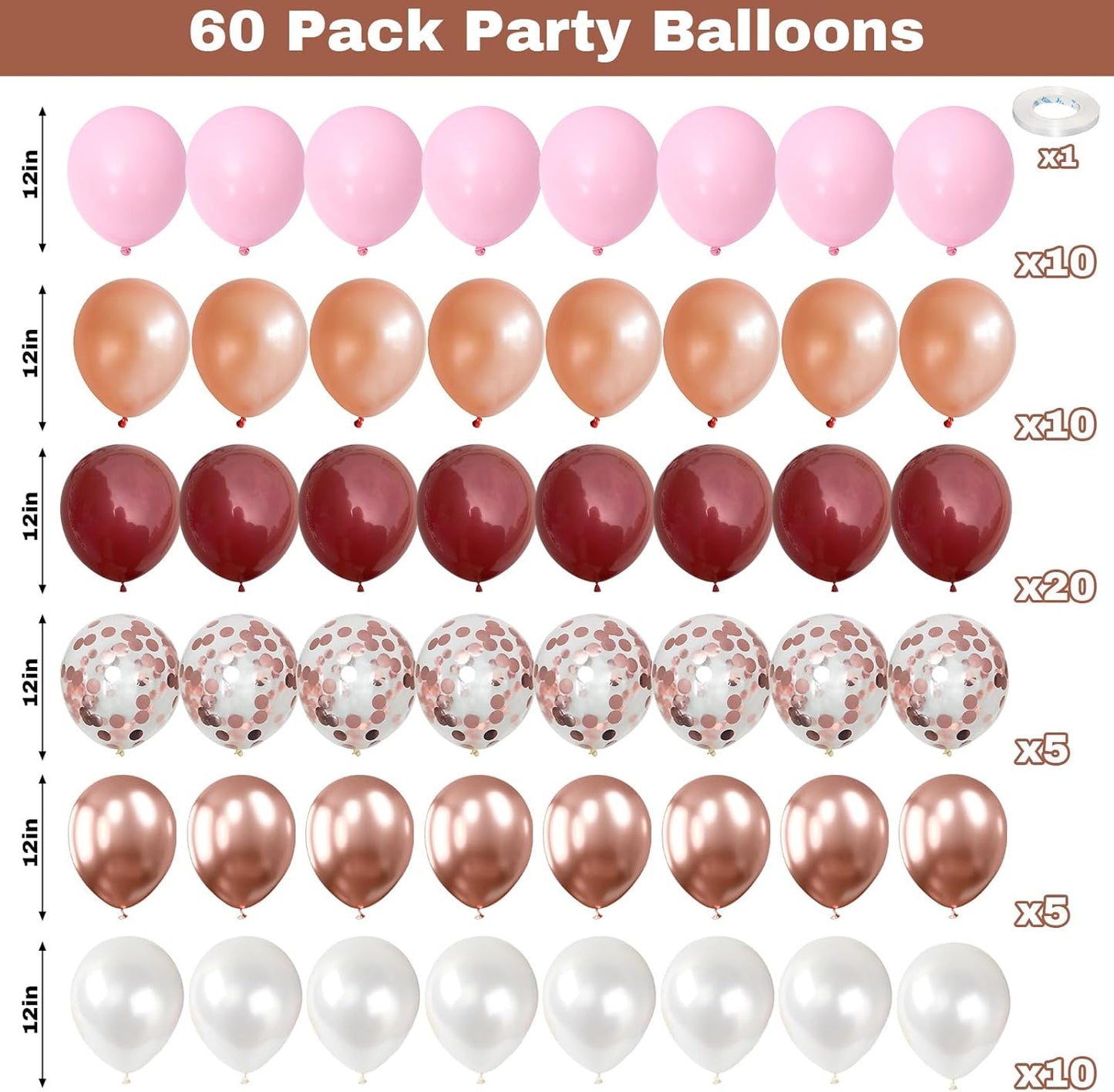 Burgundy Red and Pink Balloons, 60 Pack 12in Rose Gold Wine Red Light Pink White Latex Balloon Metallic Rosegold Confetti Helium Party Balloons for Women Girls Birthday Wedding Anniversary Decorations