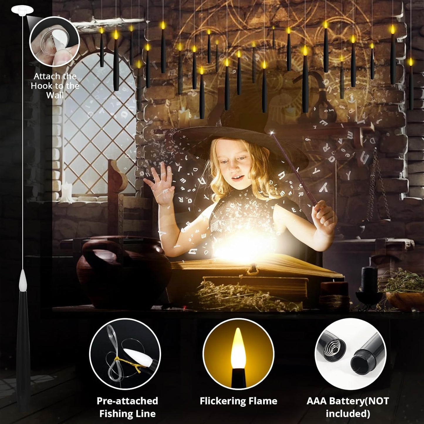 NURADA Floating Candles with Wand Remote Timer - 24 Pcs Magic LED Hanging Flameless Taper Candles Flickering Battery Operated for Birthday Theme Party Holiday Home Halloween Decor - Black