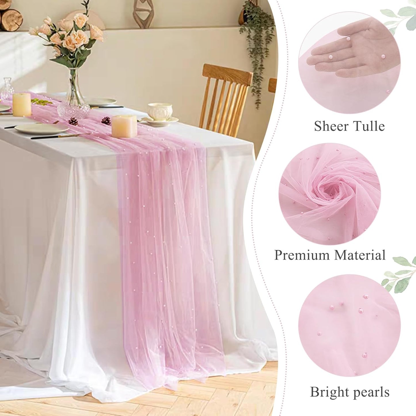 Pearl Table Runner 29 x 120 Inch Tulle Fabric Lace Table Runners Boho Rustic Tablecloth for Bridal Shower Birthday Party Wedding Arch Aisle Veil Dessert Table Decor(1 Pack, Pink)