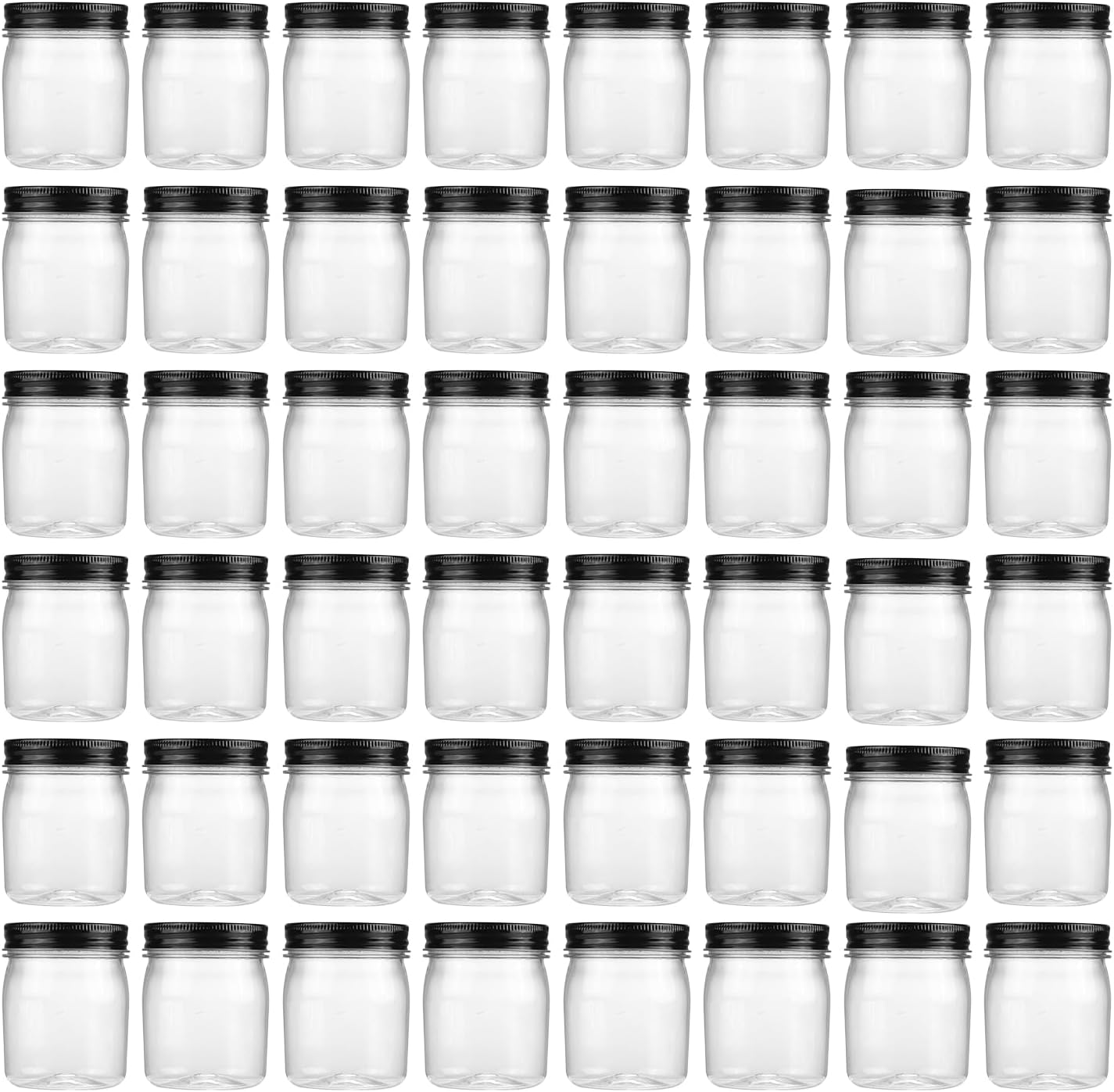 novelinks 8 oz Clear Plastic Jars with Screw-On Lids - BPA-Free Refillable Storage Containers for Slime, Spices, Crafts, Kitchen & Home Organization (48 Pack,Black)
