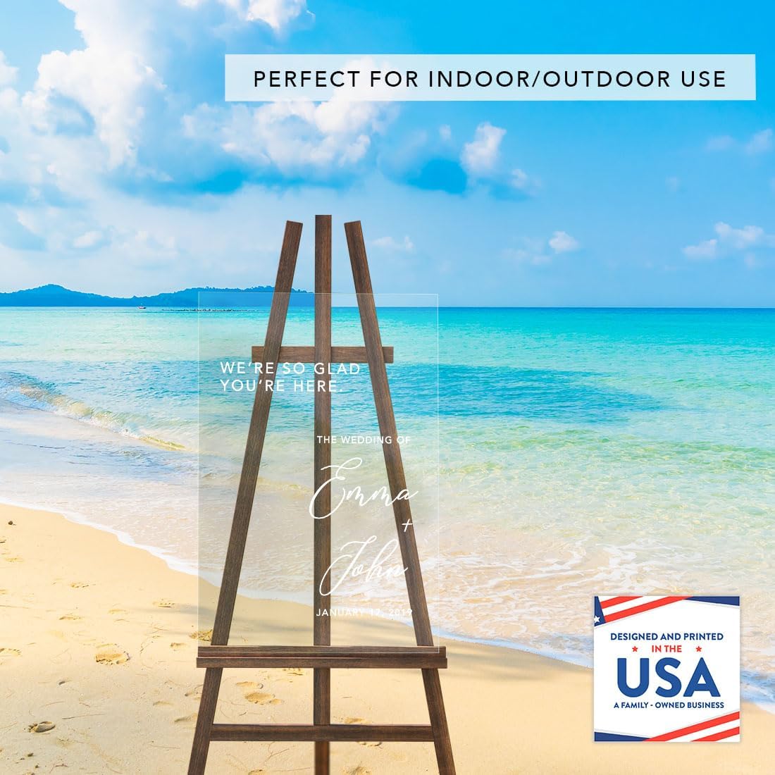 Andaz Press Custom Large Wedding Acrylic Sign, 16 X 24 Inches, So Glad You'Re Here, Personalized Sign, Welcome Sign For Modern Wedding Theme Wedding Welcome Sign