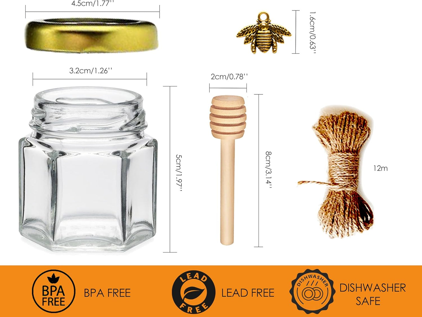 Adabocute Honey Pot, Mini Honey Jars with Dipper, Glass Honey Jars Baby Shower Favors, Party Favors & Wedding Favors, Gold Lid, Bee Pendants, Gold Organza Bags, 20 Pack 1.5oz