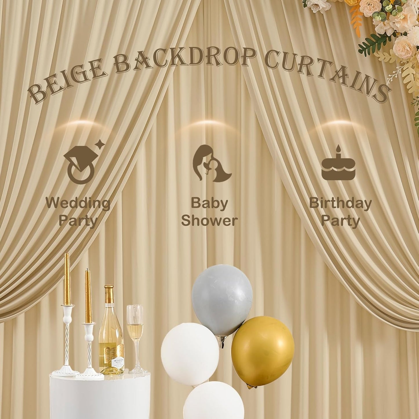 Wrinkle Free Beige Backdrop Curtains for Party Background, Beige Photo Curtains Backdrop Drapes 2 Panels Back Drop Cloth for Wedding Birthday Photography Baby Shower Decor,10ftx10ft