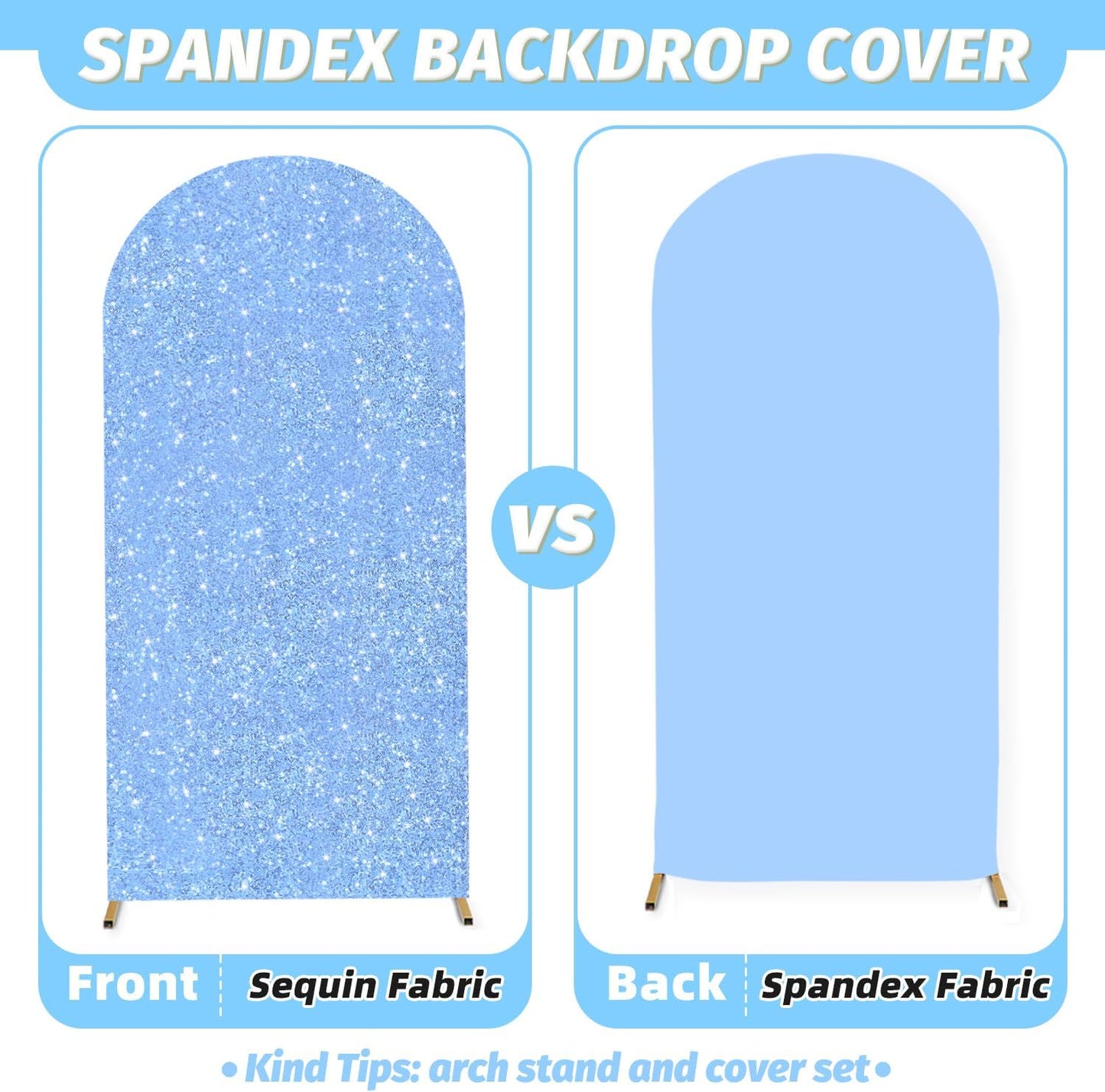 MODFUNS Metal Arch Backdrop Stand and Cover Set 4&5&6ft Light Blue Sequins Arch Backdrop Cover Set of 3 Balloon Arch Frame Romantic Arch Stand with Covers for Wedding Birthday Party Decoration