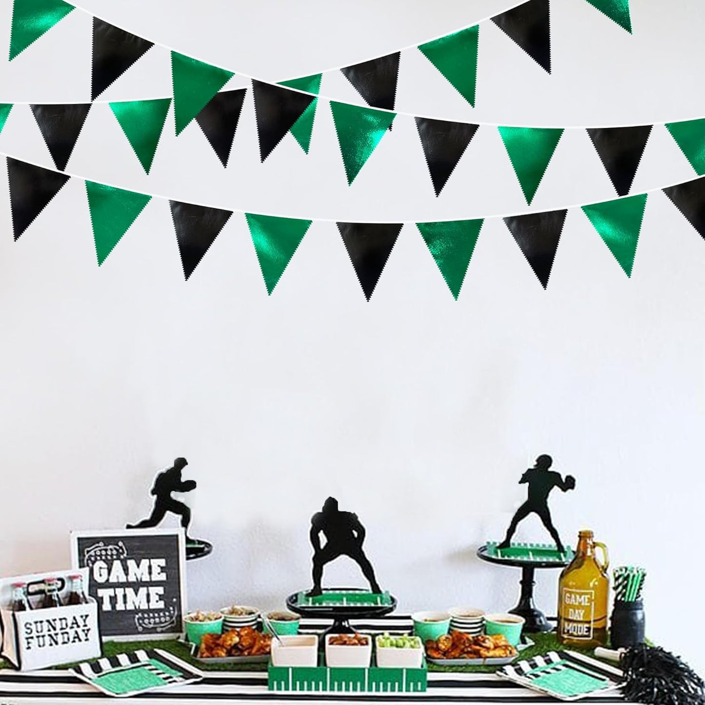 Black Green Party Decorations Metallic Fabric Triangle Pennant Banner Flag Bunting Garland for Video Game Soccer Birthday Graduations Wedding Bachelorette Halloween Outdoor Holiday Party Supplies