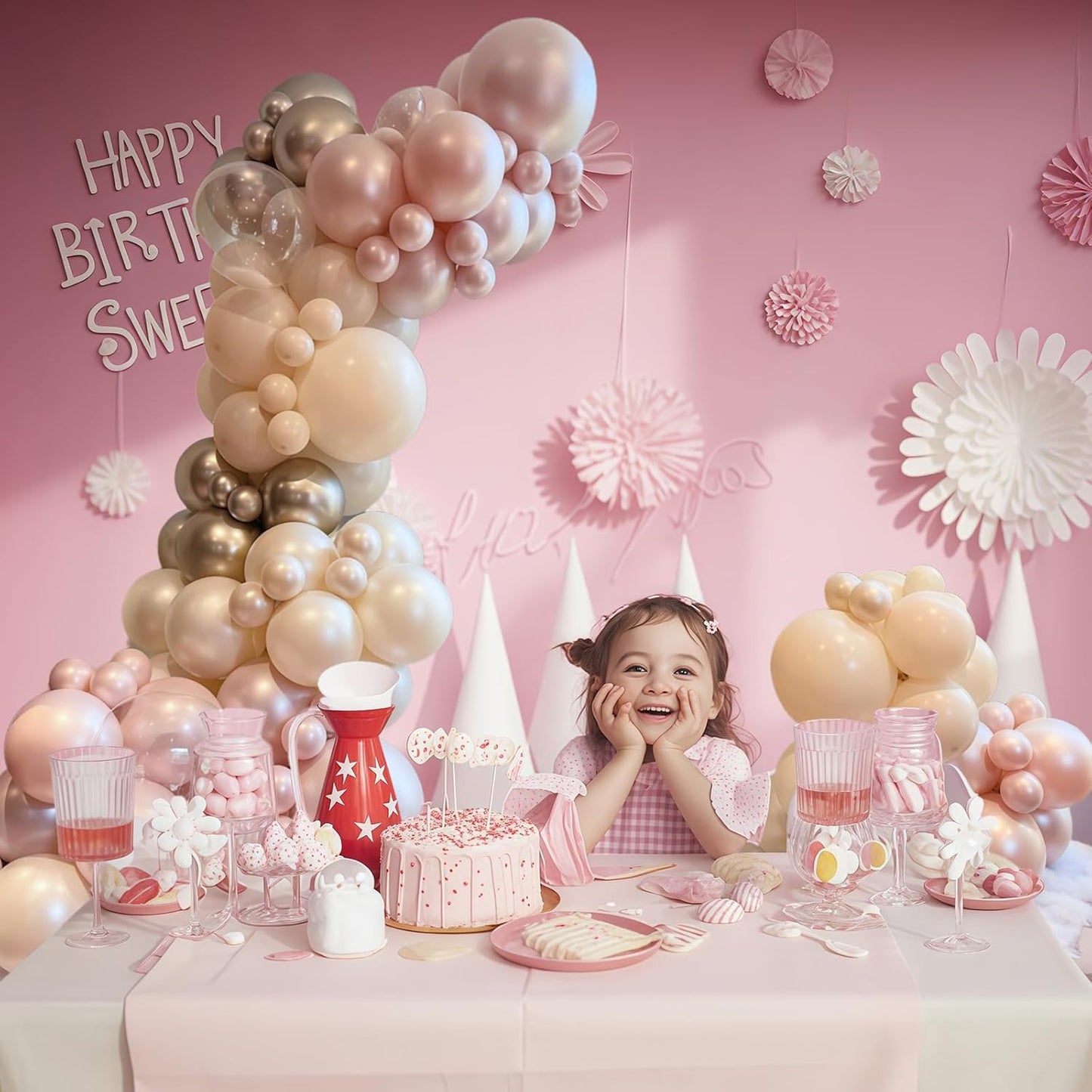 Dusty Pink and Gold Balloon, 12 Inch Double Stuffed Pearl Pastel Blush Pastel Pink Light White Metallic Gold Latex Balloons for Women Girls Birthday Baby Bridal Shower Wedding Boho Party Decorations