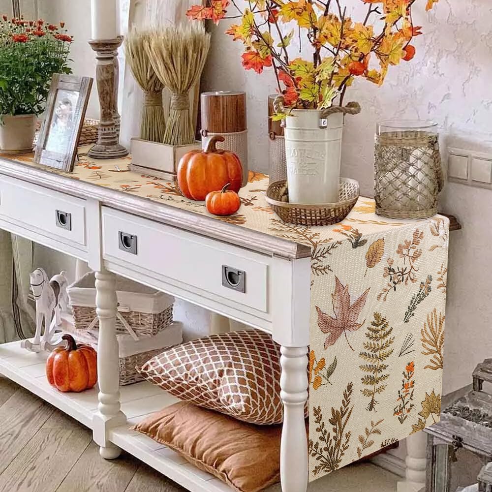 Grey Wildflower Leaves Floral Fall Table Runner, Seasonal Autumn Harvest Thanksgiving Burlap Farmhouse Indoor Outdoor Fall Kitchen Dining Decoration for Home Party 13x72 Inch