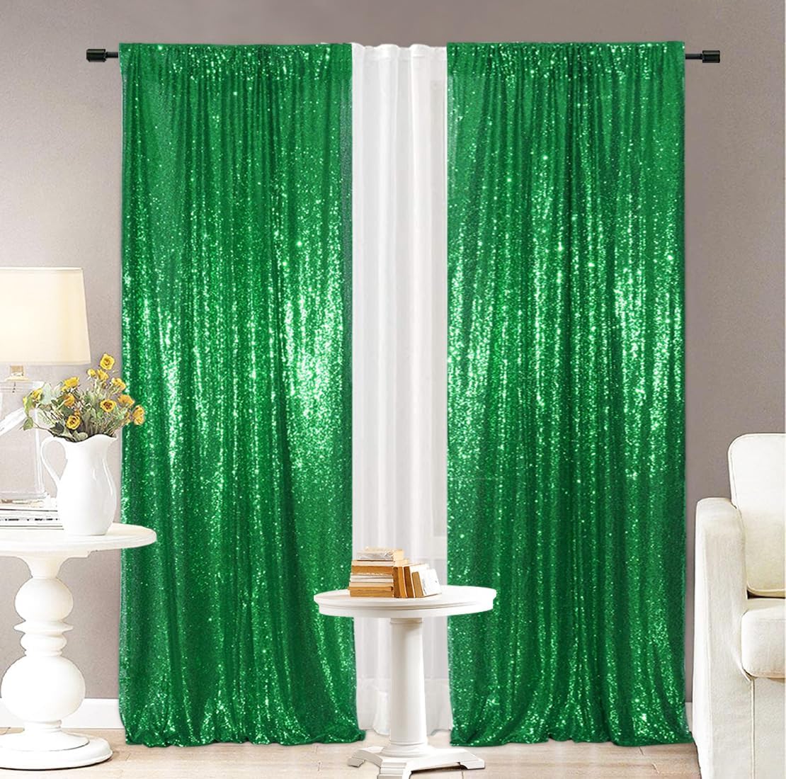 Eternal Beauty Sequin Backdrop Curtains, 2x8 Ft-2 Panels Green Back Drop for Shimmer Photography Party Wedding Birthday Decor