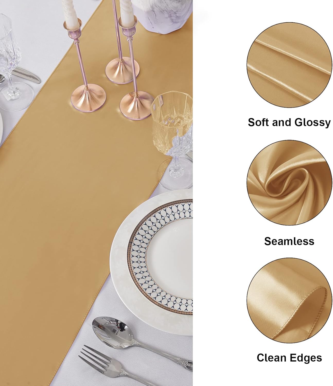 12Pack Table Runner 12 x 108 Inches Satin Silk Table Runner for Wedding, Birthday Party, Banquets, Graduations Decoration, fit Rectange and Round Table-Champagne