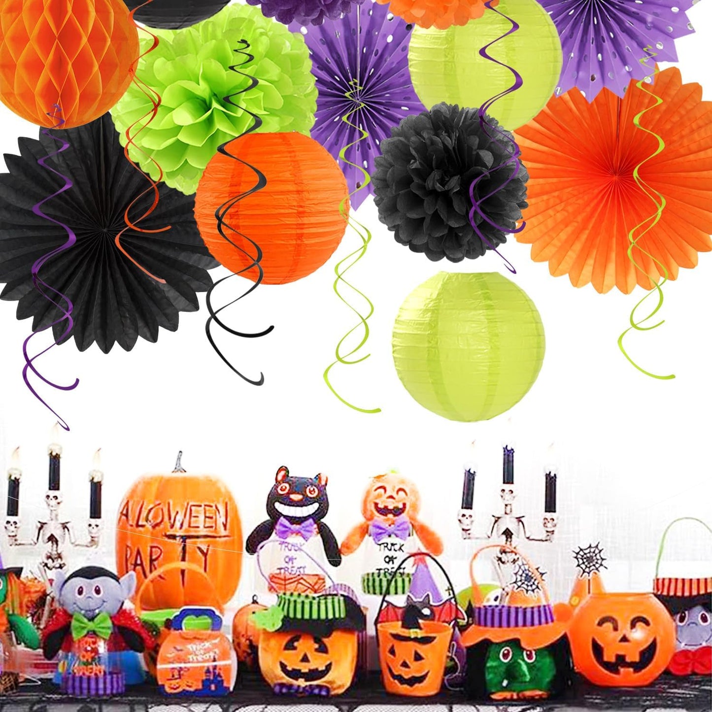 Black-Green Orange-Purple Happy-Halloween Party-Decorations - 21pcs Birthday Banner,Paper Lanterns Honeycomb,Tissue Pom Poms Flower Fan,Kids Classroom Hanging Streamers Garland Decor Supplies Huglony