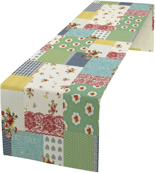 Patchwork Boho Table Runner,Vintage Colorful Floral Plaid Polka Dot Print Tablecloth Burlap for Hotel Indoors Outdoor Dining Room Kitchen Home Decor,W13X L70 in
