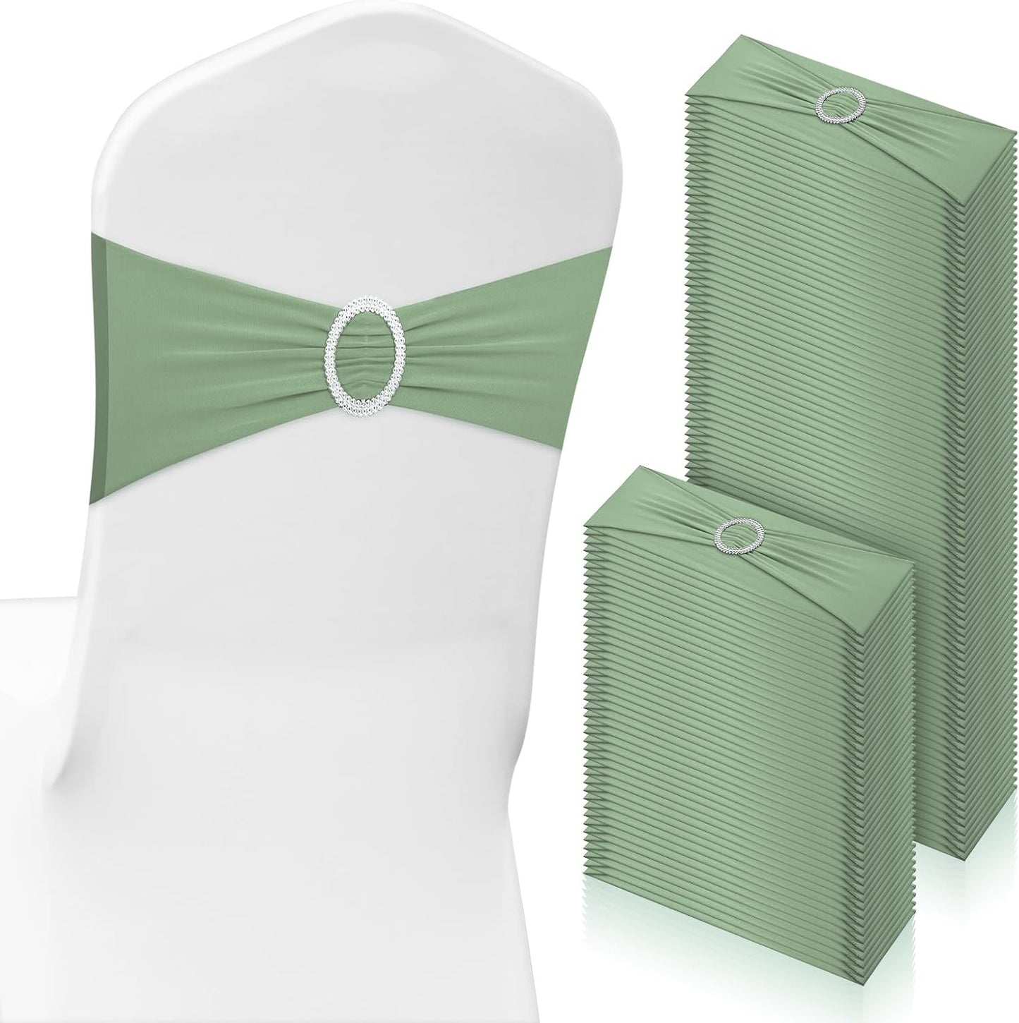 CHENGU 150 Pieces Spandex Stretch Chair Sashes Bows Elastic Chair Cover Bands Ties with Buckle Slider for Wedding Party Reception Events Universal Ceremony Banquet Decorations(Sage Green)