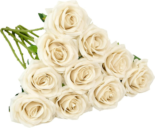 Artificial Rose 10pcs Open Flower Bouquet Faux Rose Stems for Wedding Arrangement, Bridal Bouquet, Centerpiece, Fake Faux Silk Flowers (Beige)