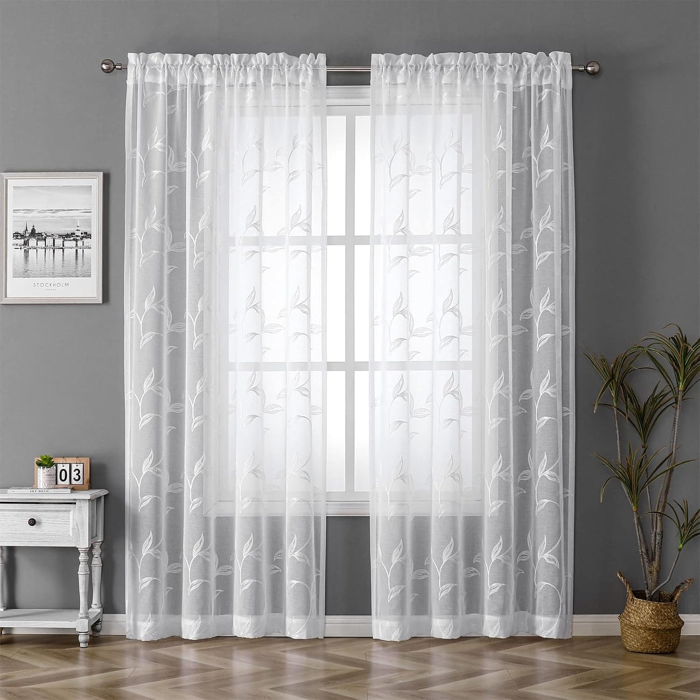 VISIONTEX White Sheer Voile Curtains, Decorative White Embroidery Faux Linen Rod Pocket Window Drapes for Home Kitchen, Living Room and Bedroom 54 x 63 Inch, Set of 2 Curtain Panels