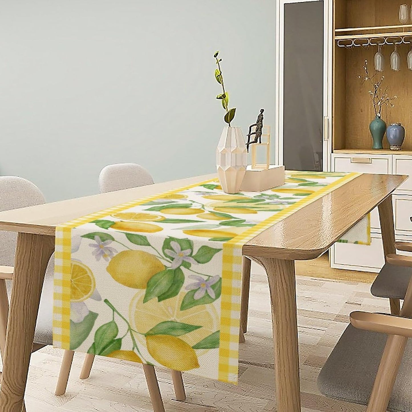 Lemon Table Runner,Yellow White Buffalo Plaid Summer Table Runner for Kitchen Dining Table Home Party Decoration 13x72 Inch