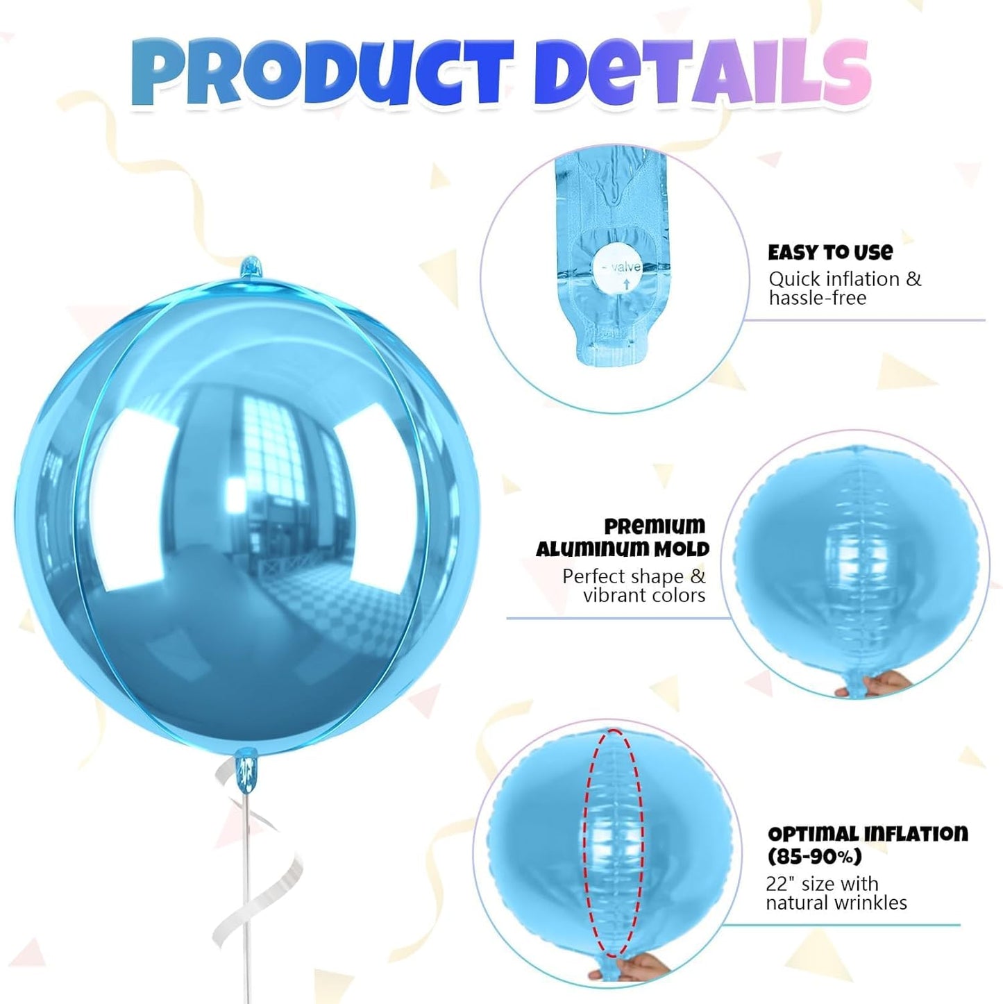 Giant Foil Balloons, 6Pcs Large Metallic Light Blue Royal Pink Round Balloons, 22 Inch Big Round Foil Balloon for Blue and Pink Birthday Party Baby Shower Gender Reveal Decorations