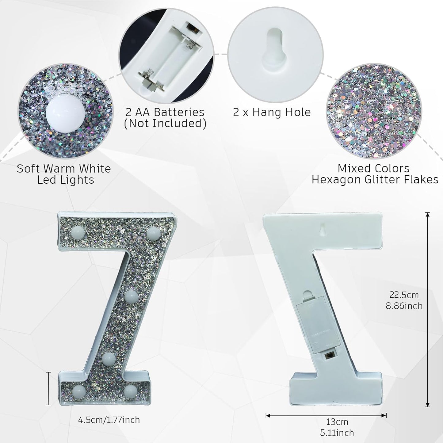 Marquee Light Letters for Table Decorations, Glitter Light Up Signs for Prom, Events, or Engagement Party Decor, Featuring Alphabet & Number Lighted Letters, Number 7