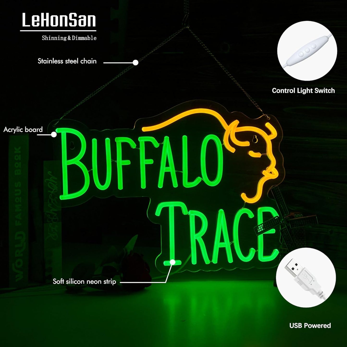 Whiskey Neon Sign for Bar Wall Decor, Buffalo Whiskey Dimmable Light Up Bar Signs for Man Cave Room Decor Bar Shop Pub Bistro Party Hotel Game Room Decor Gifts, USB Powered