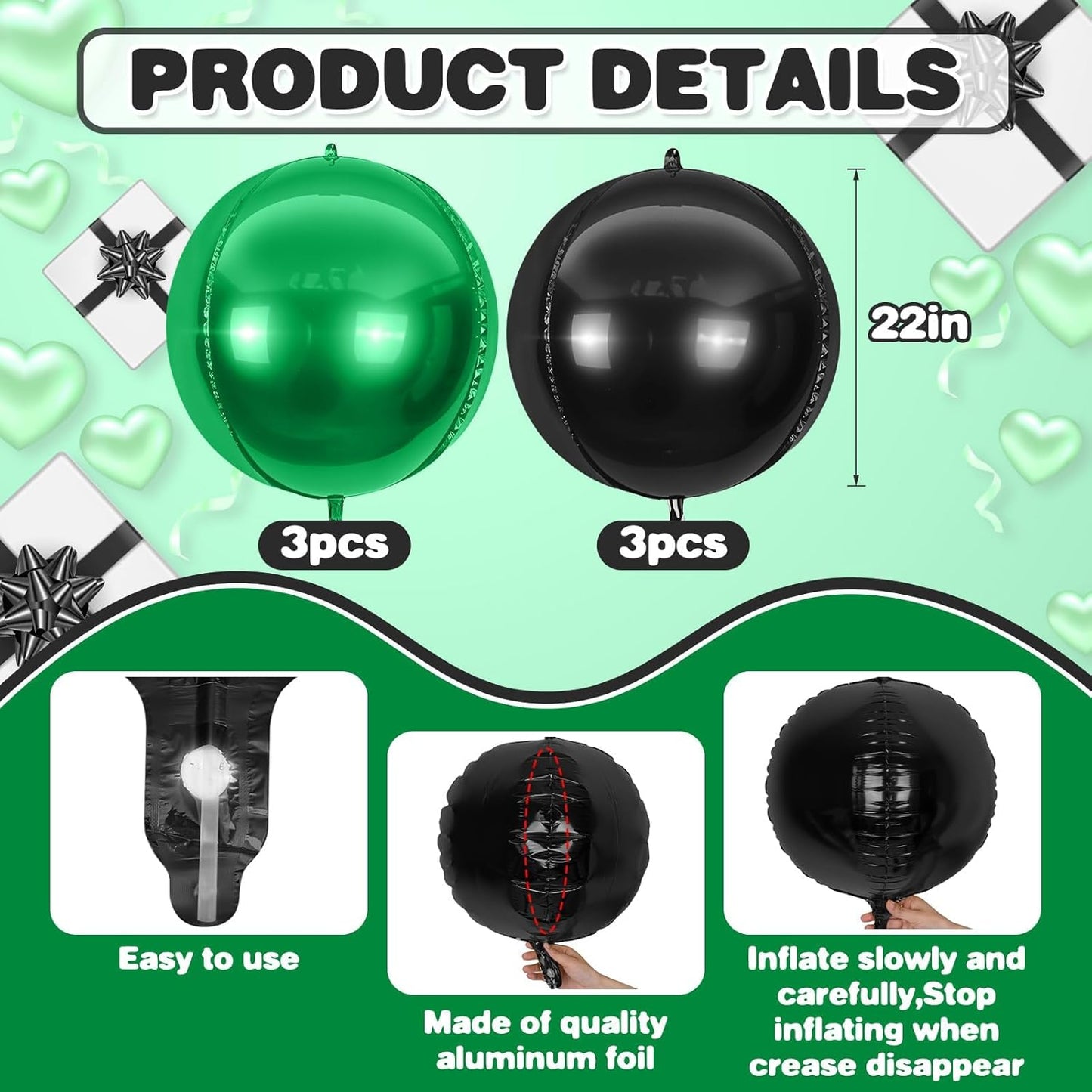 6Pcs Black Green Round Foil Balloons,Giant 4D Round Ball Balloon,22 Inch Metallic Black Green Balloons for Birthday Wedding Graduation Prom Party Decorations