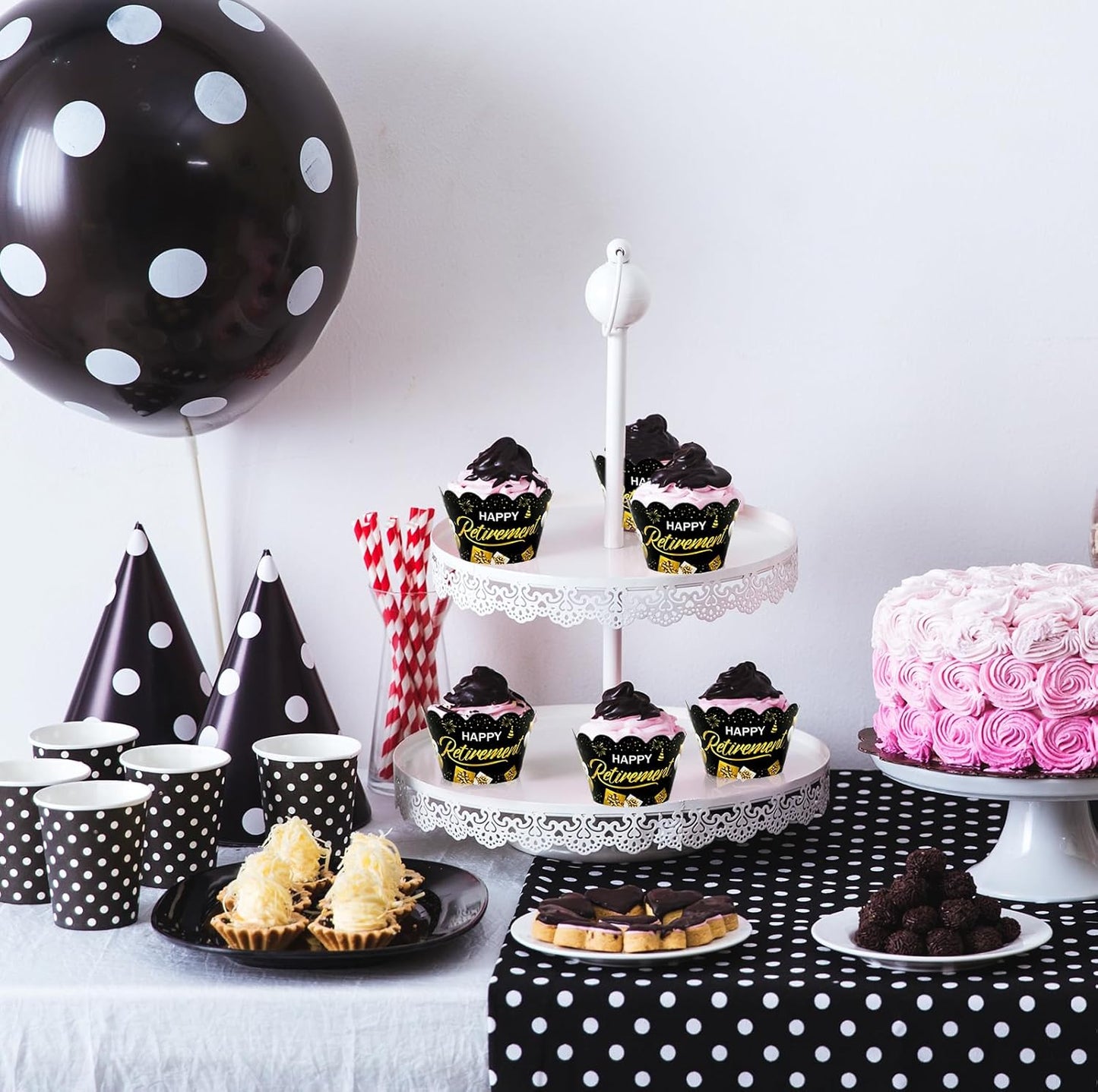 Whaline 36Pcs Happy Retirement Cupcake Wrappers Black Gold Retirement Cupcake Liners Decorative Cupcake Holders for Party Cake Dessert Decoration