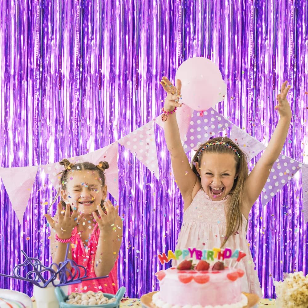 GOER 3.2 ft x 8.2 ft Metallic Tinsel Foil Fringe Curtains Party Photo Backdrop Party Streamers for Halloween Birthday,Graduation,New Year Eve Decorations Wedding Decor (4 Packs,Purple)