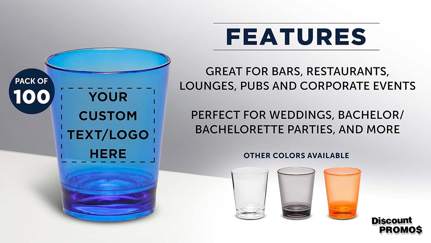 Custom Translucent Plastic Shot Glasses 1.5 oz. Set of 100, Personalized Bulk Pack - Acrylic, Great for Wedding, Party, Birthday, Gifts - Blue