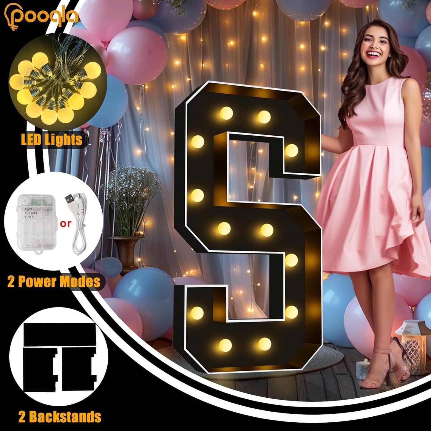 Pooqla 4 FT Marquee Light Up Letters, Black Marquee Letter Lights 4 Feet Tall for Birthday Decoration, Big Mosaic Letters Sign for Balloons Party Anniversary Wedding Decorations, Giant Warm White O