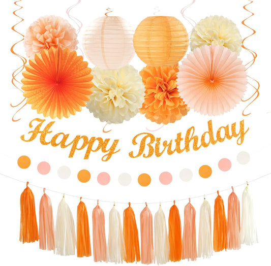 Orange-Peach Beige First Happy-Birthday Party-Decorations - 31pcs 20th Women Girls Bohemian Groovy Paper Lanterns Streamers Banner,Tissue Pom Poms Decor,Fall Boho Fans Tassels Graland Backdrop Hugmoon
