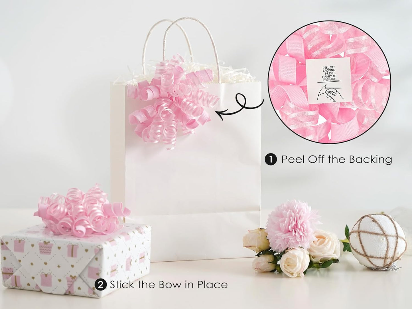 HUIHUANG Pink Gift Bows Self-Adhesive Curly Ribbon Bow 5 inch x 8 Counts Light Pink Bow for Gift Wrapping, Presents, Paper Bag, Baby Shower Favors, Wrapping Accessories, Party Decor