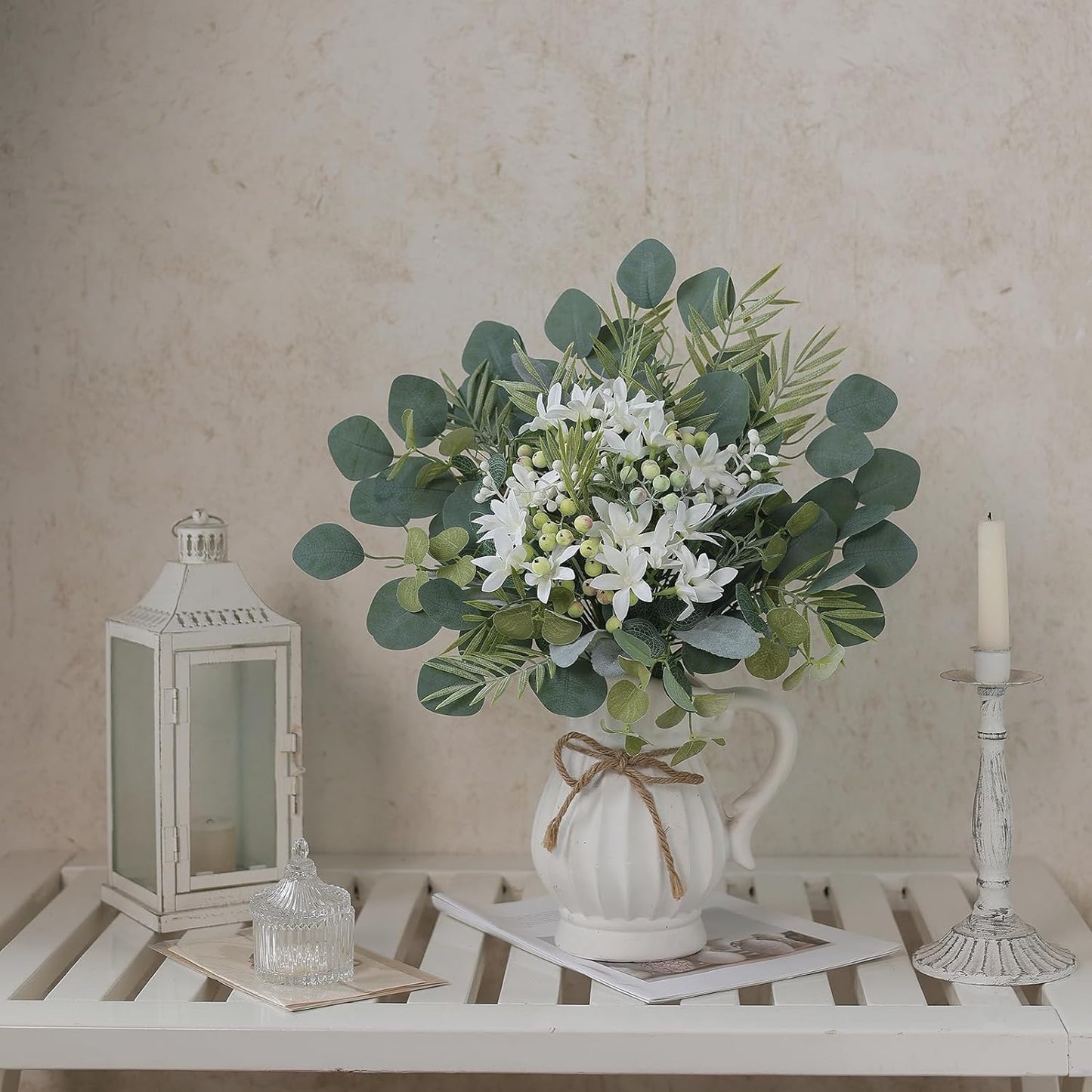 FOTEEWL 75 Pcs Artificial Greenery Stems Box Set,with 8 Kinds of Faux Plants and Fake Flowers for DIY Bridal Bouquets Wedding Floral Arrangement Table Centerpieces Decoration (Sage Green)