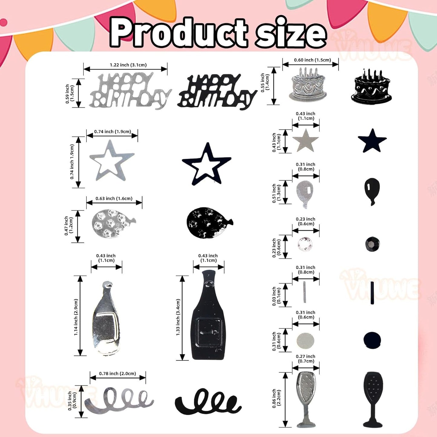 VHUWE Happy Birthday Confetti, 1.6 oz Black Silver Cake Balloon Star Goblet Bottle Confetti for Happy Birthday Party Decorations Boys Girls Kids Women Men Birthday Table Decorations | Black Silver