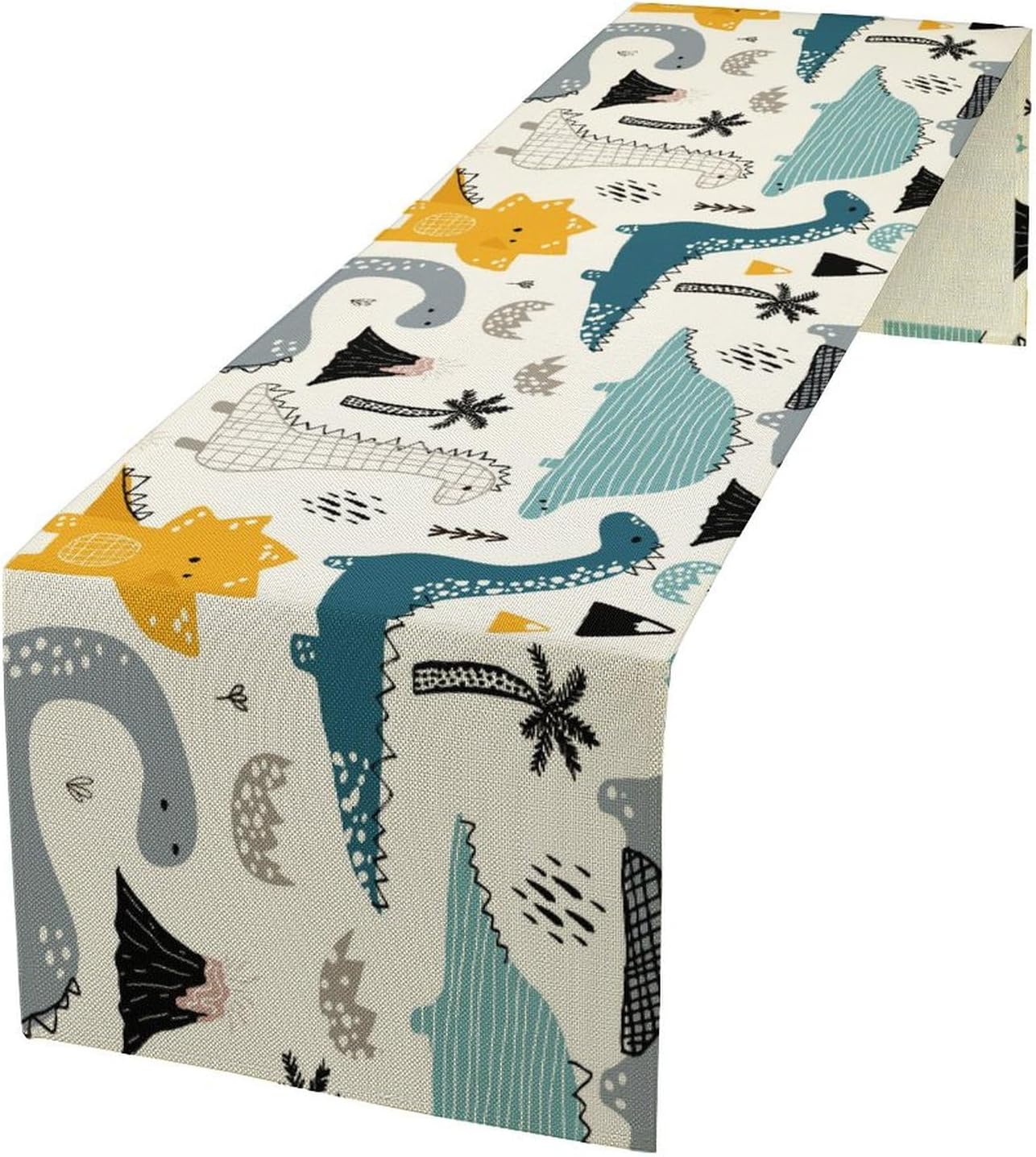 Cartoon Dinosaur Table Runner,Kids Boys Cute Various Dino Moutain Modern Abstract Print Tablecloth Burlap for Hotel Indoors Outdoor Dining Room Kitchen Holiday Party, 13x80in