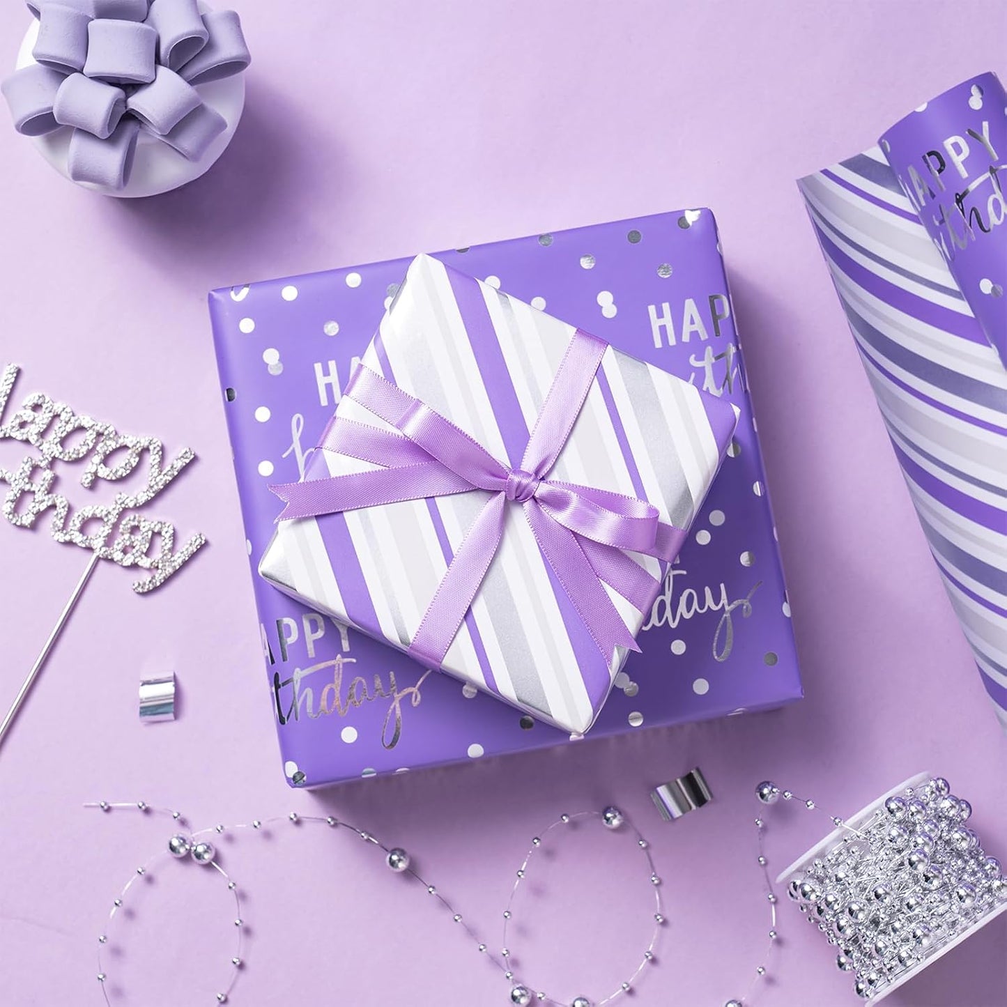 LeZakaa Reversible Purple Birthday Wrapping Paper Roll for Girls Women, Happy Birthday Lettering & Stripe Pattern with Metallic Foil in Purple, Mini Roll, 17 inches x 32.8 Feet (46.45 sq.ft.)