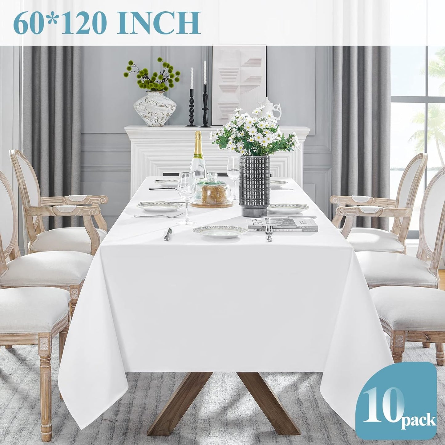 VidaFete Tablecloth 60 * 120inch 10pack Rectangle Table Cloth Polyester, Stain Wrinkle Resistant Dining Table Cover for Kitchen Dinning Party Wedding Rectangular Tabletop Buffet Decoration(White)