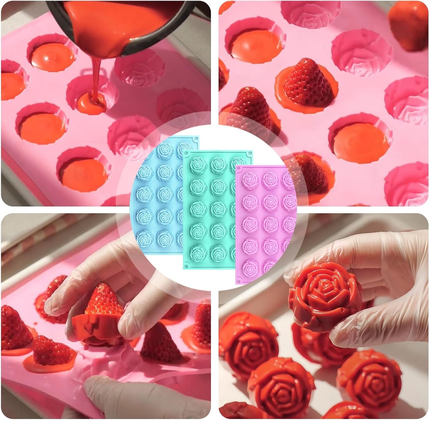 Rose Silicone Molds 45-Cavity Rose Fondant Mold Flower Cake Resin Mold Candy Chocolate Ice Cube Fondant Molds Kitchen Baking Tools for Sugarcraft Cake Decorating