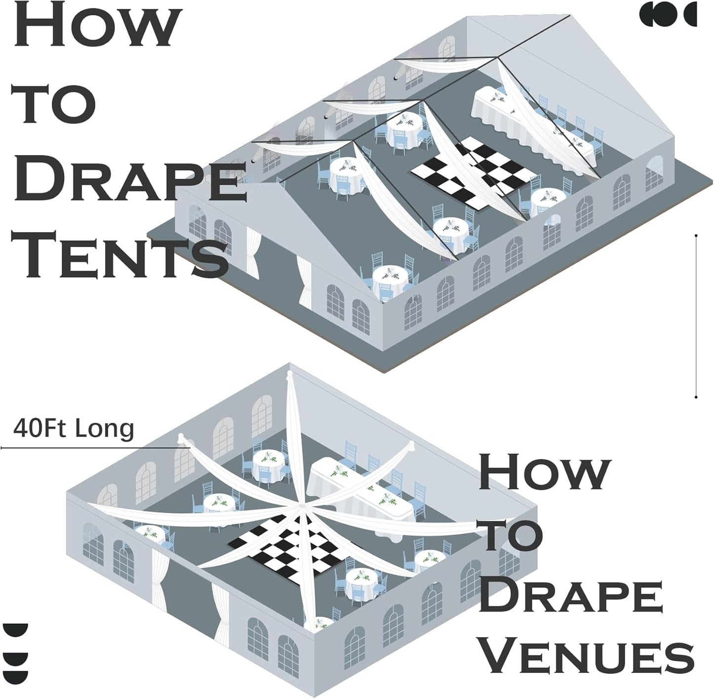 PartyVillage 10ftx40ft White Ceiling Curtain for Wedding Parties – 2 Panels Wrinkle-Free 40 FT Long Tent Draping Curtains for Wedding, Birthday & Theme Parties, 40ft Height with Rod Pocket
