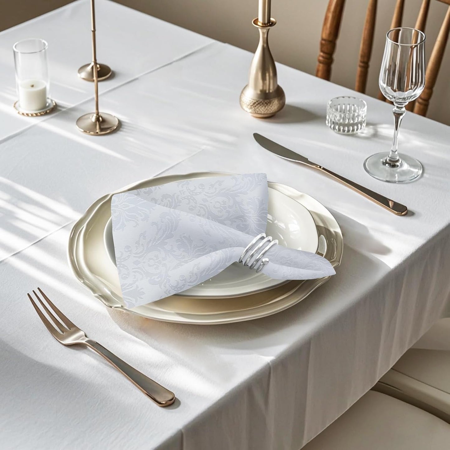 White Jacquard Square Napkin, Damask Wrinkle Resistant Soft Polyester Napkins, Fabric Cloth Dinner Napkins for Daily, Wedding, Birthday, Anniversary, Holiday, Parties, Set of 4 (White, 20X20" Napkin)