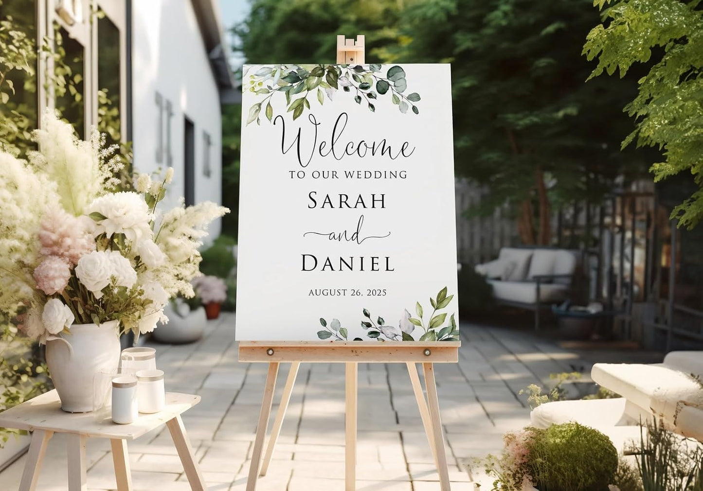 Personalized Wedding Welcome Sign, Greenery Eucalyptus Botanical Wedding Sign Signage 12" X 18" (Small), 27" (Medium), 36" (Large), Plastic, Modern, Pole Mount, Weather
