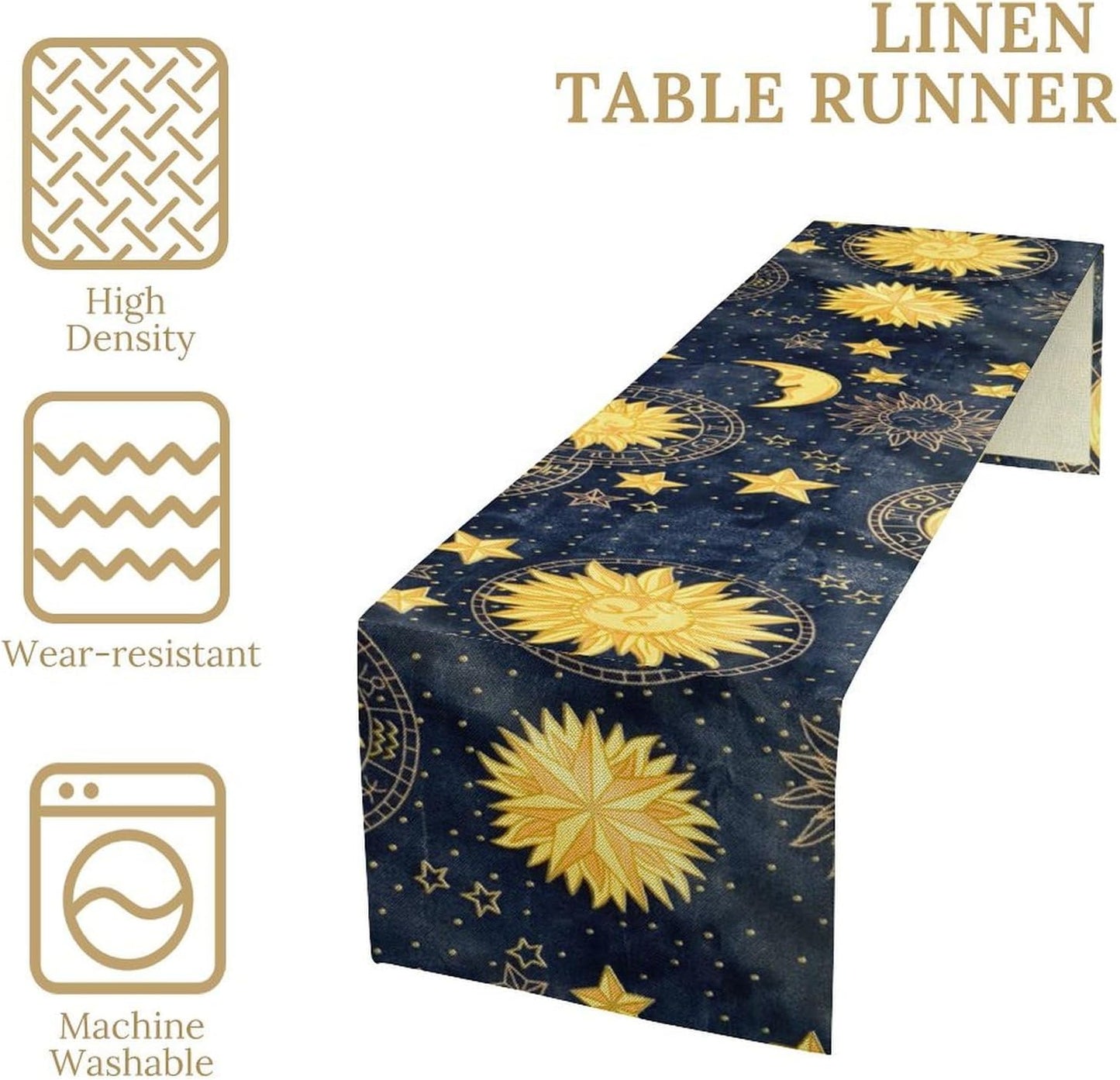 Sun Moon Table Runner, Boho Starry Sky Table Runners for Dinner Holiday Party Wedding Kitchen Golden Stars, 13x120 Inch