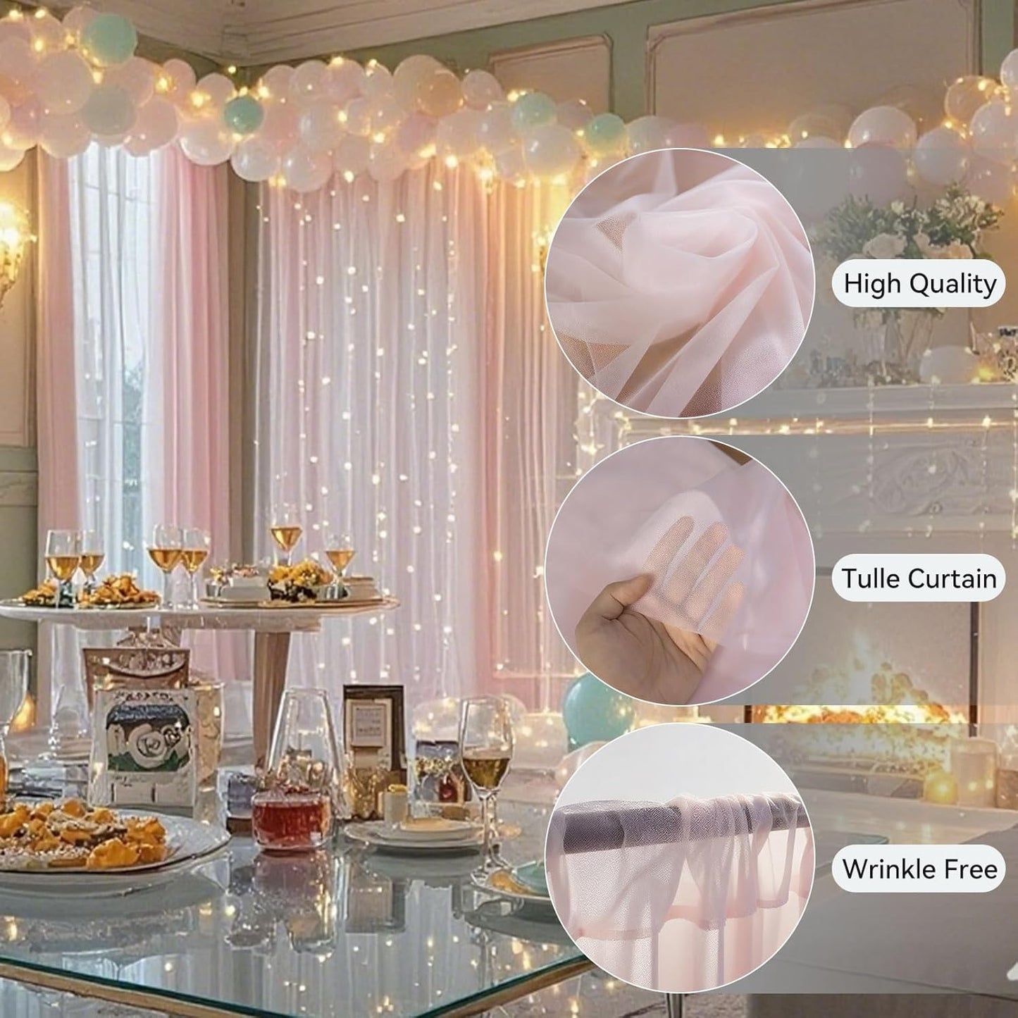 10×10ft Tulle Backdrop Curtains with Lights String - 300LED Fairy Lights Sheer Curtain Backdrop for Weddings Baby Shower and Birthday Party Decorations(8 Panels 5×10ft)