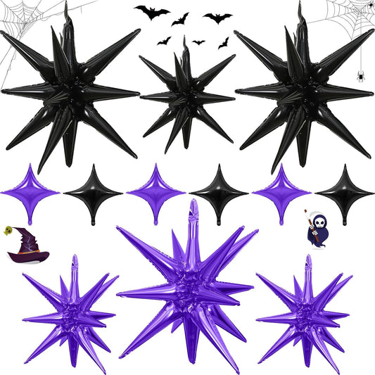 Purple Black Star Balloons 12pcs, 27/22 Inch Foil Star Explosion Balloons, Large Spike Mylar Cone Balloon, Fireworks Shape Balloon Decor for Birthday Halloween Wednesday Graduation