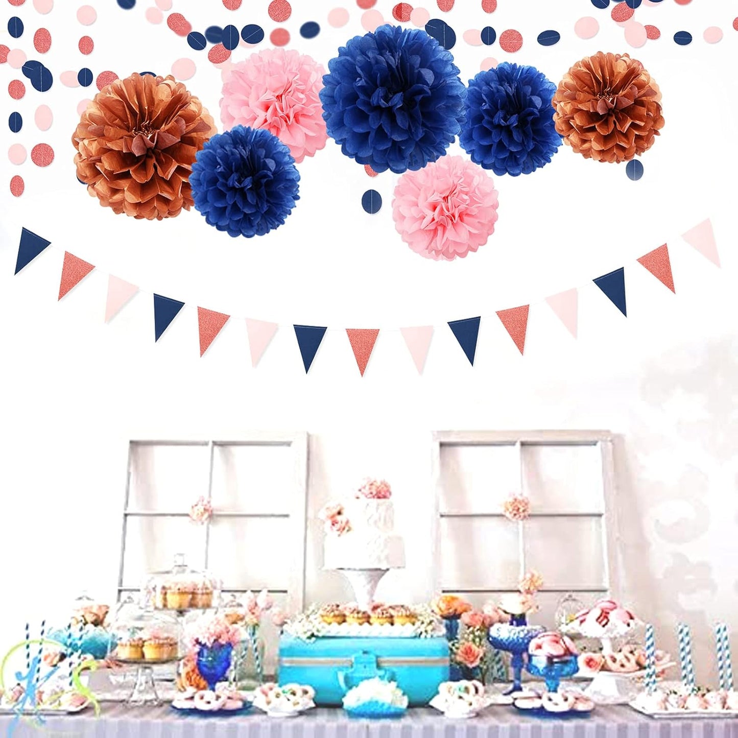 Gender-Reveal Decorations Tissue Paper Pom-Poms - 15pcs 5 Size Navy Blue Pink Rose Gold Paper Flowers,Birthday Bachelorette Bridal Shower Room Decor Engagement Party Decoration Panduola