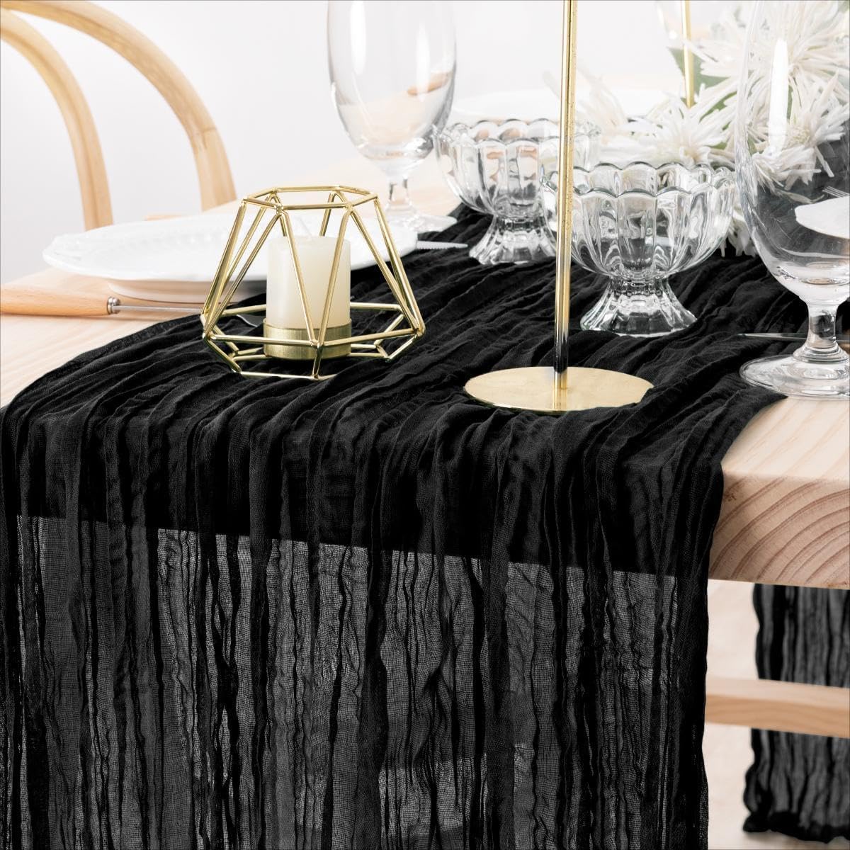 MLMW 4 Pack Halloween Table Runner Cheesecloth Black Boho Gauze Cheese Cloth 160 inch Rustic Sheer Table Runner 13.3ft for Party Wedding Baby Bridal Shower Birthday