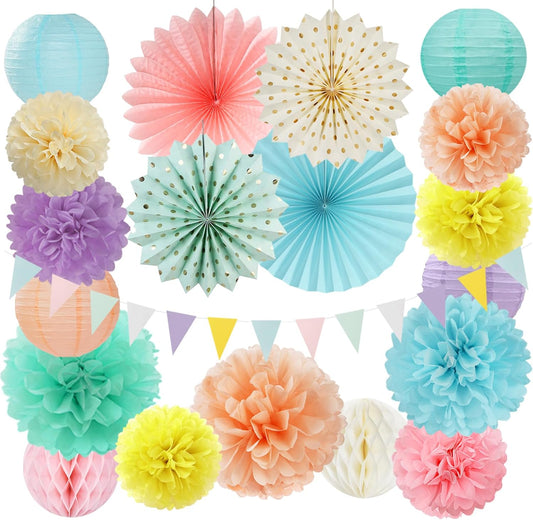 Pastel Rainbow Party-Decorations - 20pcs Pink Yellow Blue Classroom Ceiling Paper Lanterns Fans ,Girl Birthday Tissue Pom Poms,Honeycomb Balls,Bunting,Baby Shower Bridal Wedding Decor Burgleda