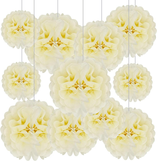 Tissue Paper Pom Poms, Ivory Tissue Paper Flowers, Hanging Flower Balls for Weddings Fiesta Parties Birthday Baby Showers Classroom Bridal Shower Decoration (20Piece Set-6/10/12/14Inch)