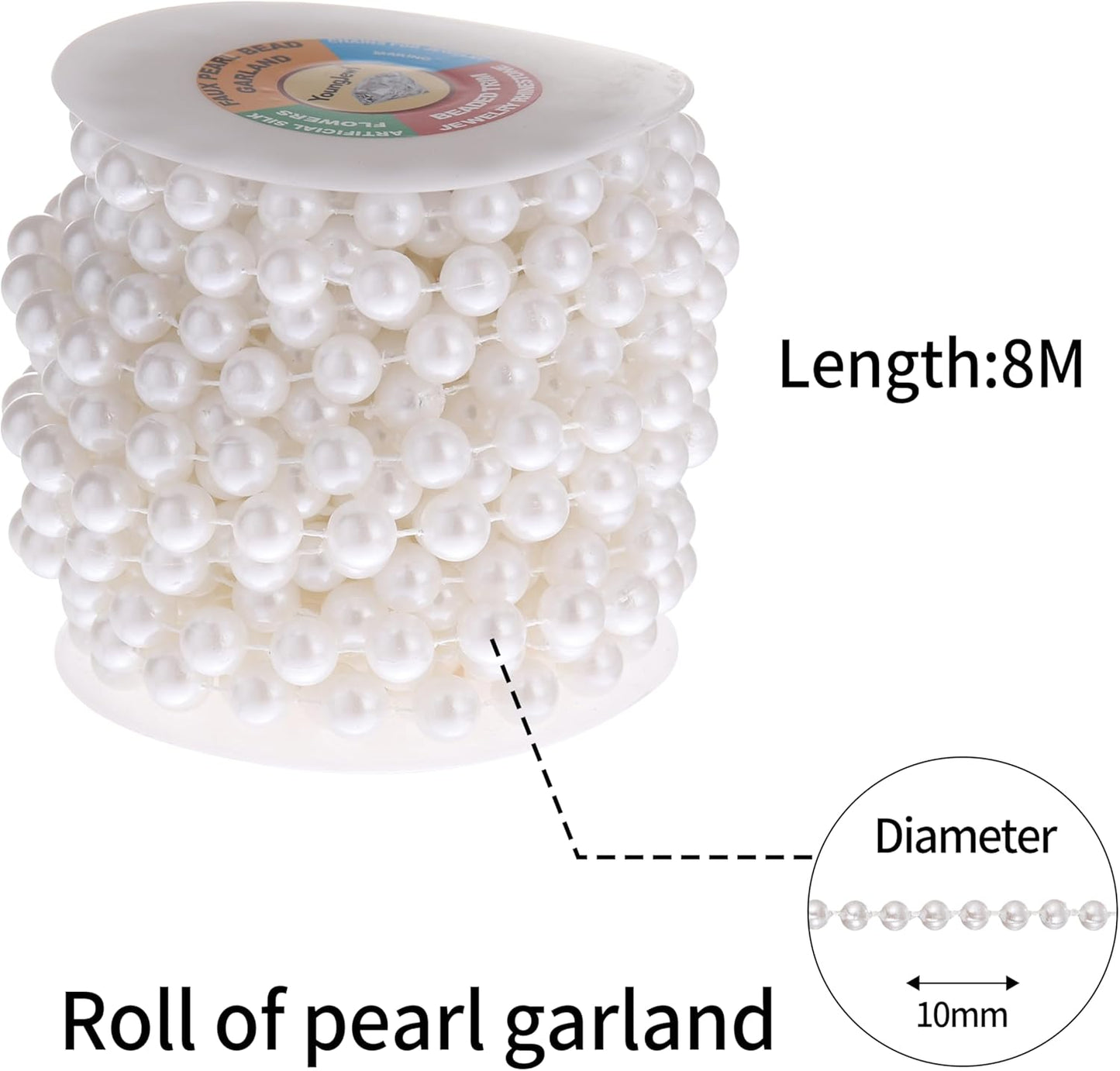 10mm Pearl Strands,9 Yds of White Fake Beads Garland Spool Roll with String Pearls for Crafting,Wedding Party,Christmas Tree Decoration.