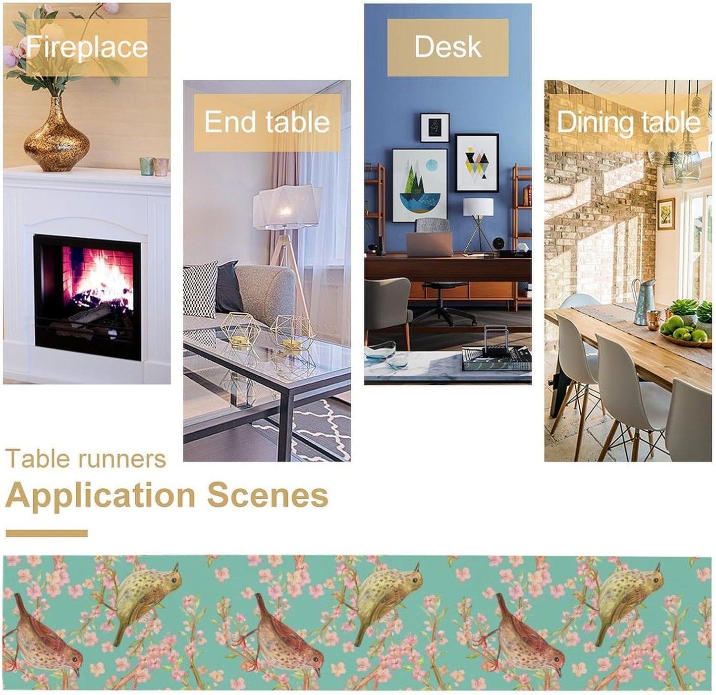 Table Runner with Flowers and Birds, Spring Plant Flowers Table Decoration Linen Table Runner Family Party Party Decorations 13x120 Inches