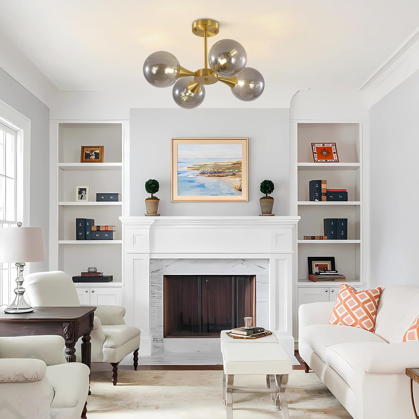 KCO Lighting 4-Lights Modern Gold Globe Semi Flush Mount Ceiling Light Mid Century Brushed Brass Schoolhouse Close to Ceiling Light Smoke Gray Glass Chandelier Lighting for Bedroom