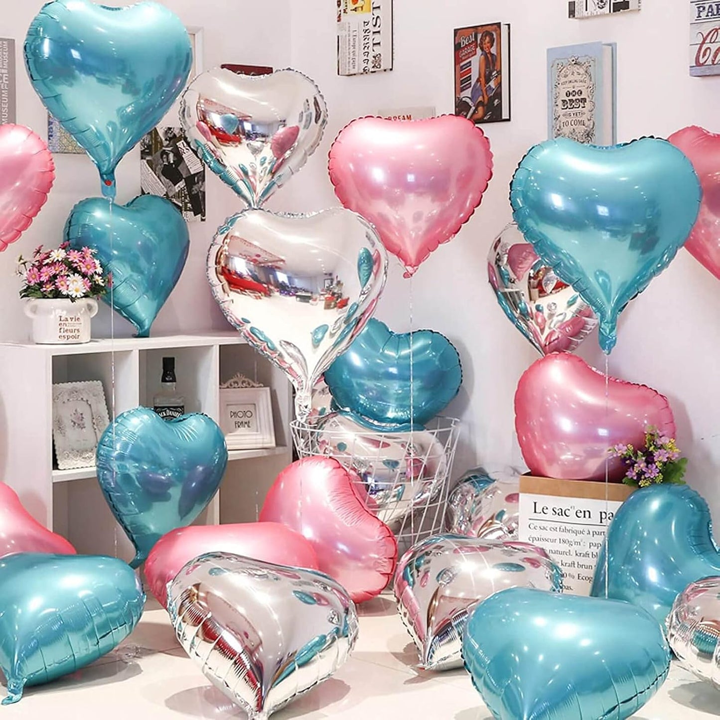 10pcs Pearl Blue Foil Heart Shaped Balloons - 18 Inch Heart Mylar Balloons for Baby Shower, Wedding, Valentine Decorations