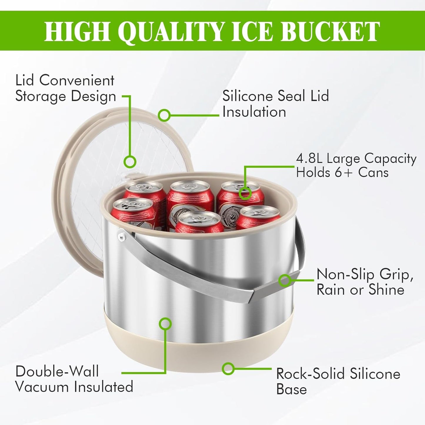 5Quart/4.8L Insulated Ice Bucket with Scoop & Lid, Double-Wall Ice Bucket,Large Party Bucket BPA Free for Cocktail Bar, Champagnes (White)